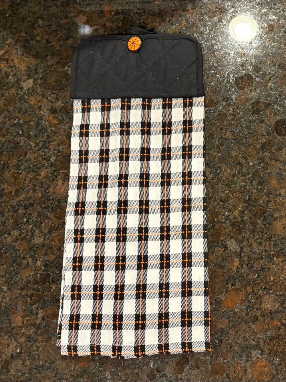 Black and White Plaid Hanging Kitchen Towel with Orange Accent